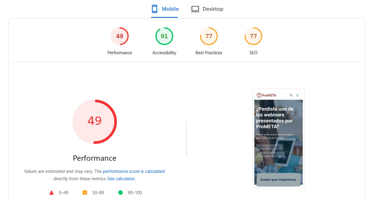Screenshot showing a 56 note on site performance